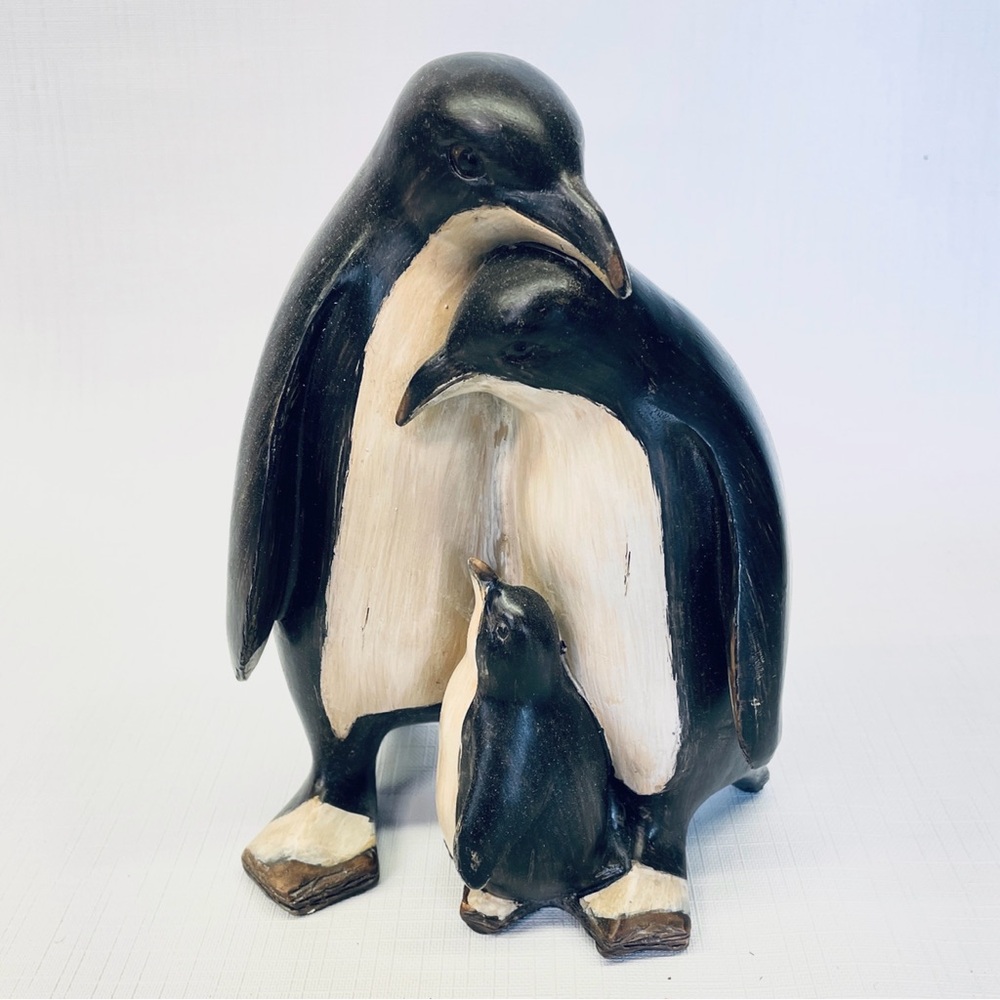 80's Artisanal Folk Art Hand Carved Wood Penguin Family Figurine Boho MCM 8" VTG